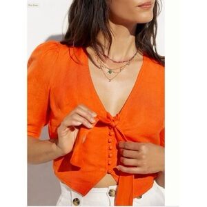 EUC Maeve by Anthropologie Orange Red Linen Tie Front Crop Top, Size 6